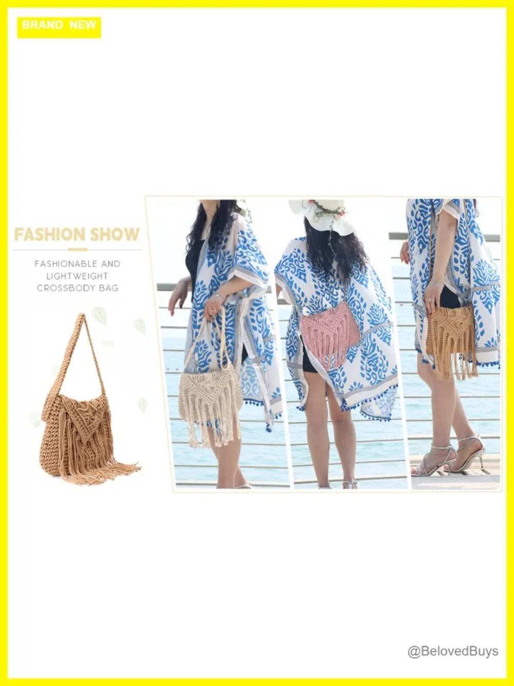 Handwoven Crochet Tassel Fringe Shoulder Bag with Zipper Closure